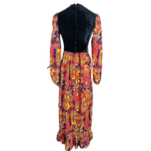 RARE 70s Vintage Young Innocent Maxi Corset Prairie Dress Bright Paisley Velvet - Picture 5 of 8